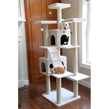 Real Wood Cat Tree In Ivory, Multi Levels With Ramp