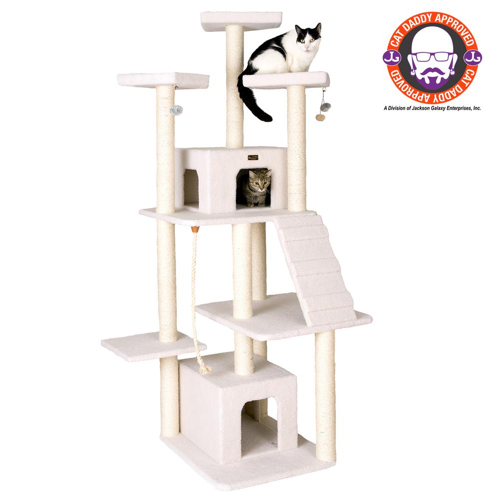 Classic Real Wood Cat Tree In Ivory, Multi Levels With Ramp