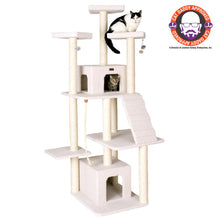 Classic Real Wood Cat Tree In Ivory, Multi Levels With Ramp