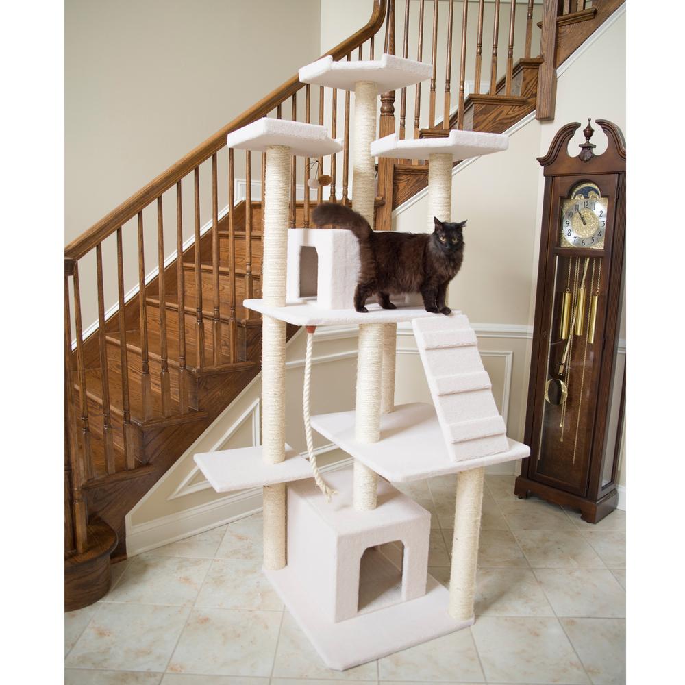 Classic Real Wood Cat Tree In Ivory, Multi Levels With Ramp
