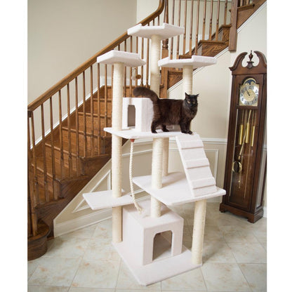 Classic Real Wood Cat Tree In Ivory, Multi Levels With Ramp