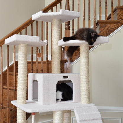 Classic Real Wood Cat Tree In Ivory, Multi Levels With Ramp