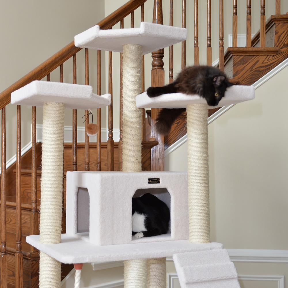 Classic Real Wood Cat Tree In Ivory, Multi Levels With Ramp
