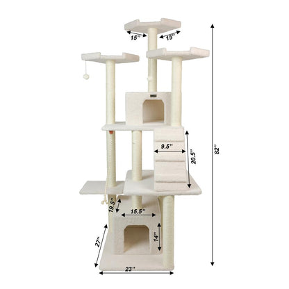 Classic Real Wood Cat Tree In Ivory, Multi Levels With Ramp