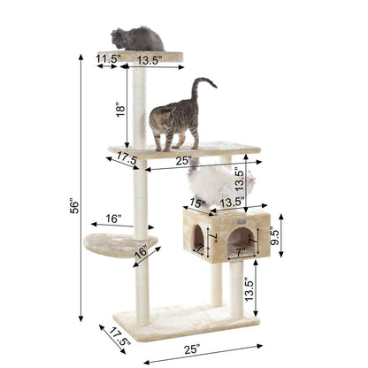 57-Inch Real Wood Cat Tree In Beige With Playhouse And Perch