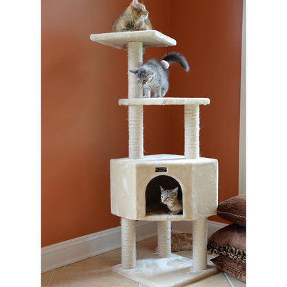 3 Levels Real Wood Cat Tower For Kittens Play 48 Height Beige