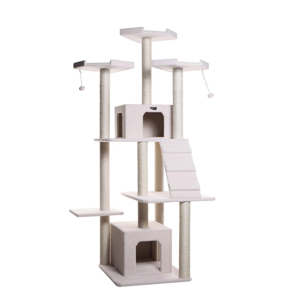 Classic Real Wood Cat Tree In Ivory, Multi Levels With Ramp