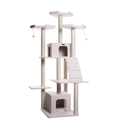 Classic Real Wood Cat Tree In Ivory, Multi Levels With Ramp