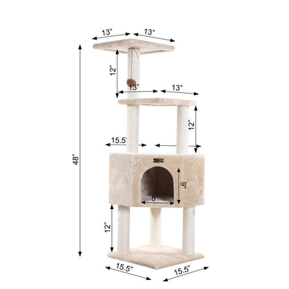 3 Levels Real Wood Cat Tower For Kittens Play 48 Height Beige