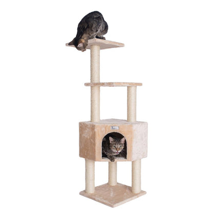 48-Inch Real Wood Cat Tree In Beige With Perch And Playhouse