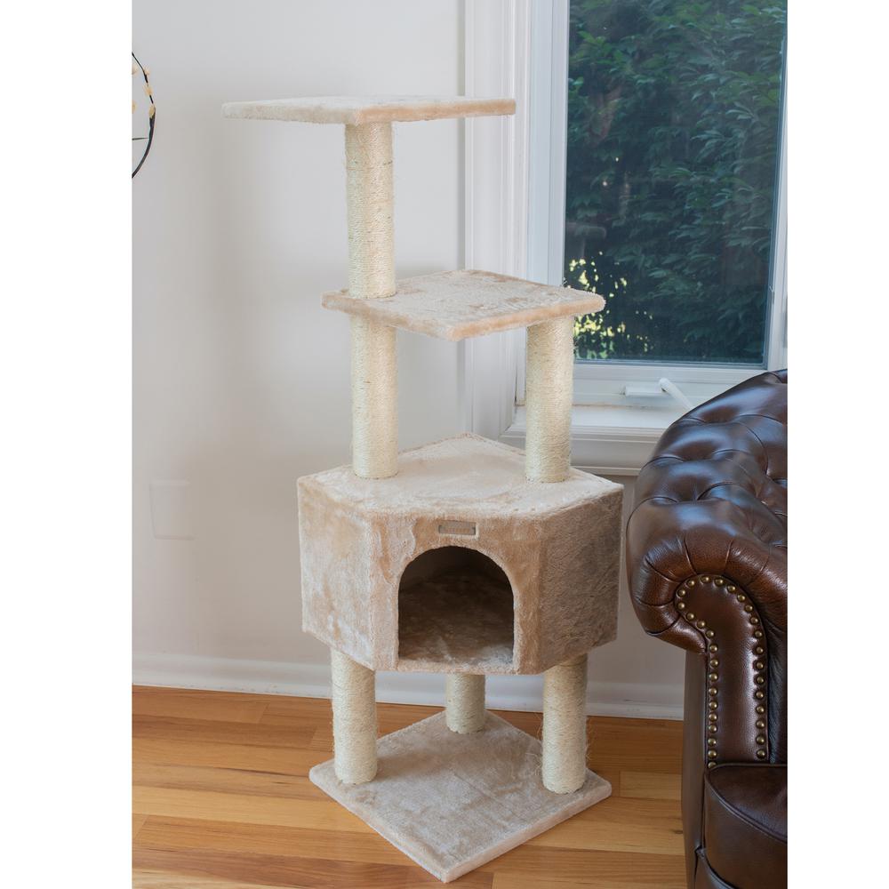48-Inch Real Wood Cat Tree In Beige With Perch And Playhouse