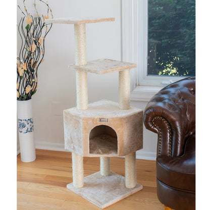 48-Inch Real Wood Cat Tree In Beige With Perch And Playhouse