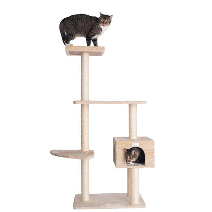 57-Inch Real Wood Cat Tree In Beige With Playhouse And Perch
