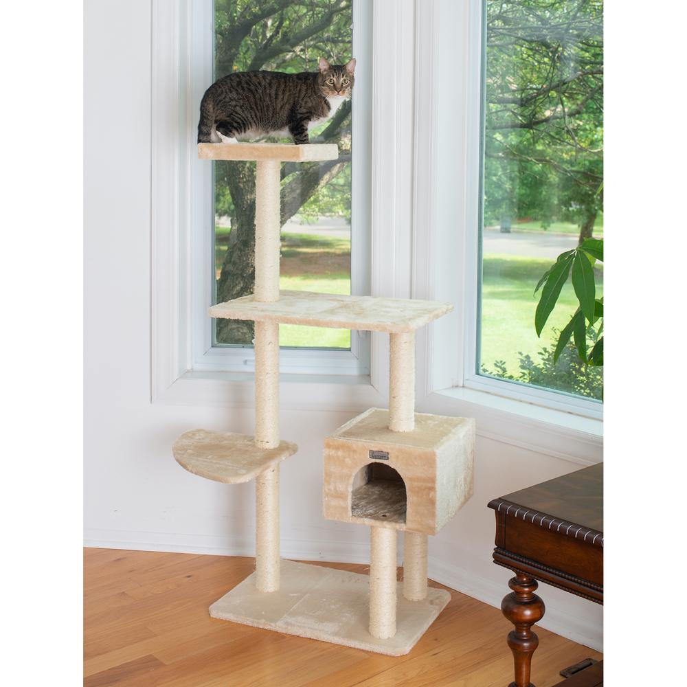 57-Inch Real Wood Cat Tree In Beige With Playhouse And Perch