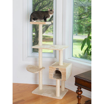 57-Inch Real Wood Cat Tree In Beige With Playhouse And Perch
