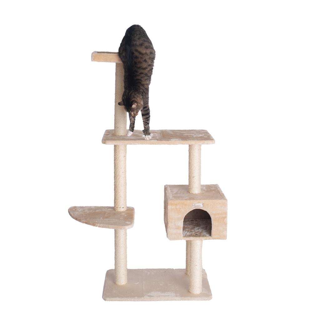 57-Inch Real Wood Cat Tree In Beige With Playhouse And Perch