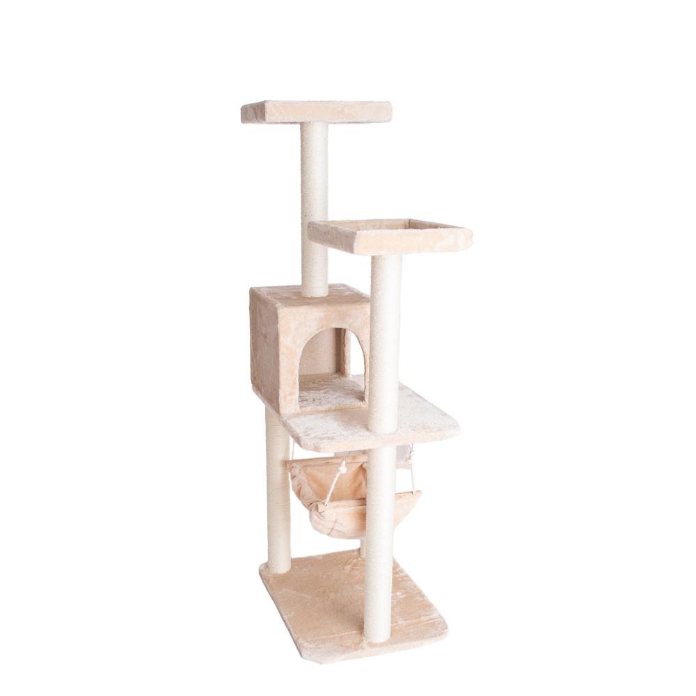 57-Inch Real Wood Cat Tree In Beige With Perches, Running Ramp