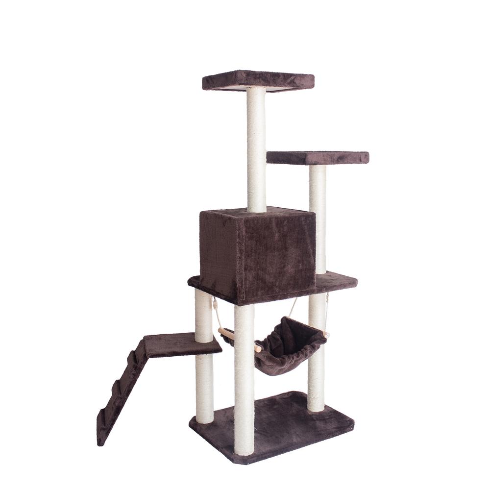 57-Inch Real Wood Cat Tree In Coffee Brown With Four Levels, Ramp
