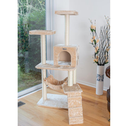 57-Inch Real Wood Cat Tree In Beige With Perches, Running Ramp