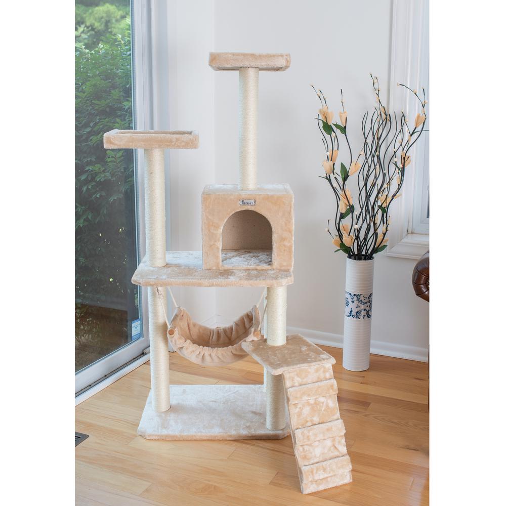 57-Inch Real Wood Cat Tree In Beige With Perches, Running Ramp