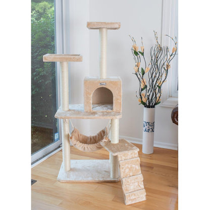 57-Inch Real Wood Cat Tree In Beige With Perches, Running Ramp