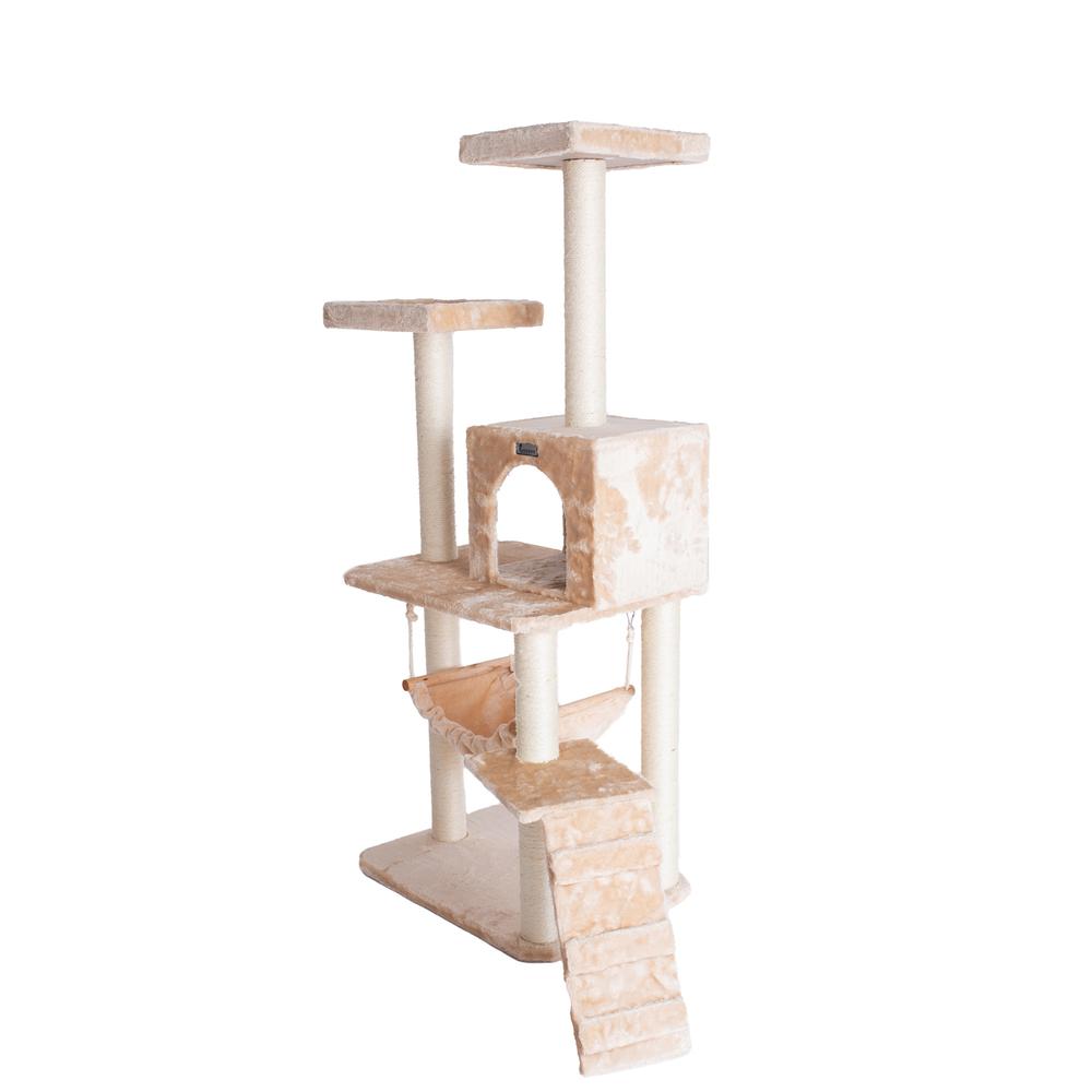 57-Inch Real Wood Cat Tree In Beige With Perches, Running Ramp
