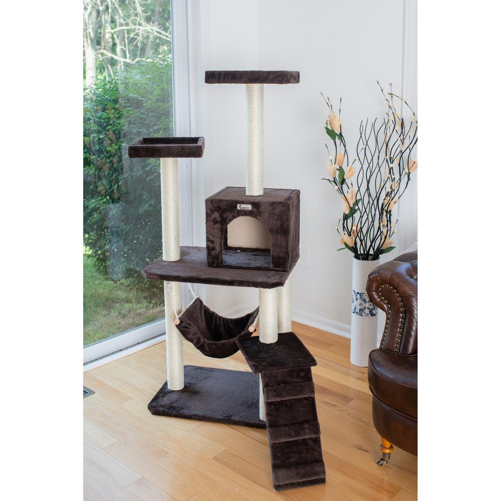 57-Inch Real Wood Cat Tree In Coffee Brown With Four Levels, Ramp