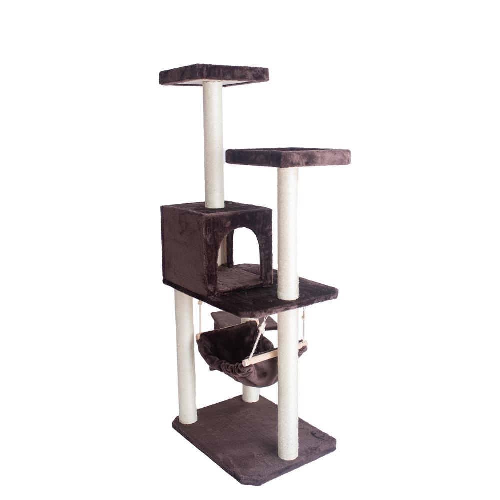 57-Inch Real Wood Cat Tree In Coffee Brown With Four Levels, Ramp