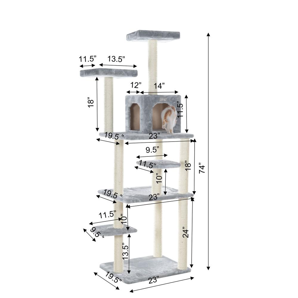 74-Inch Real Wood Cat Tree With Seven Levels, Silver Gray