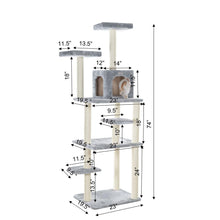 74-Inch Real Wood Cat Tree With Seven Levels, Silver Gray