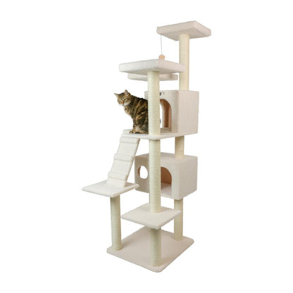 Real Wood Cat Tree In Ivory, Multi Levels With Ramp