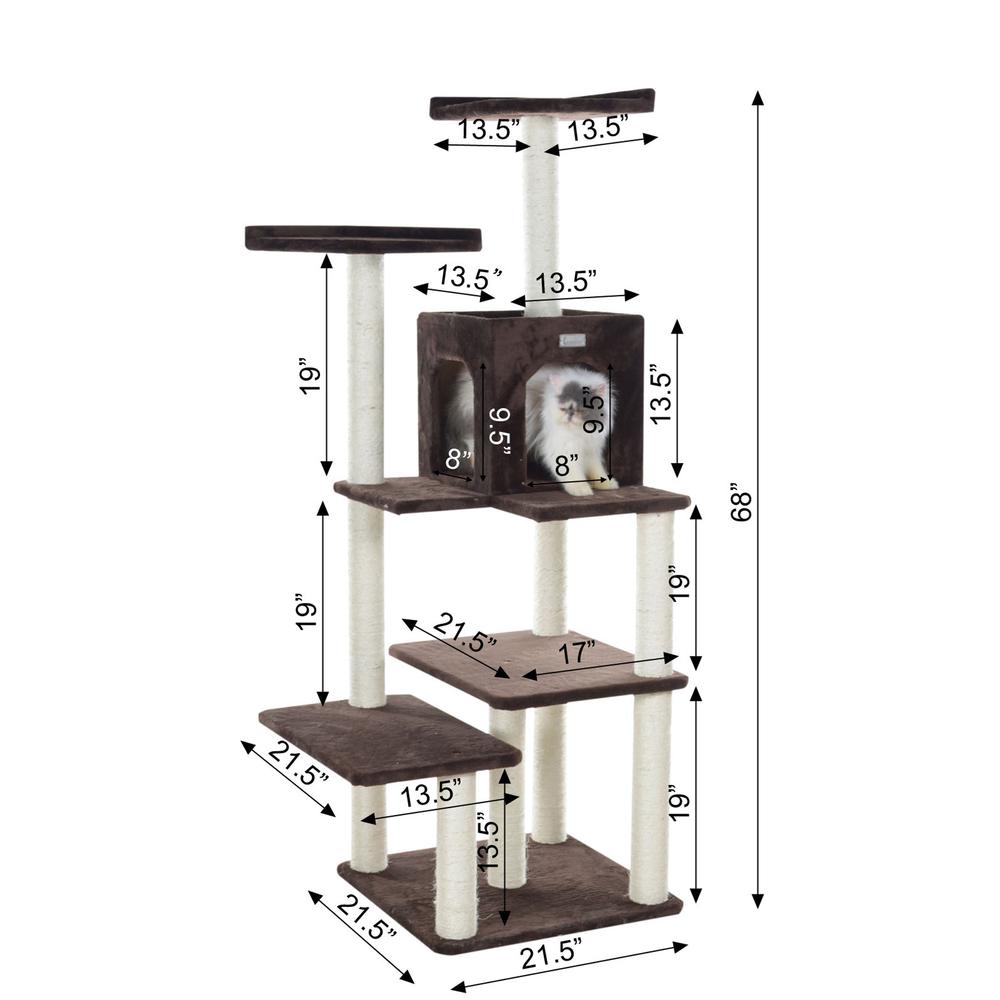 66-Inch Real Wood Cat Tree In Coffee Brown With Four Levels, Two Perches, Condo