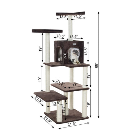 66-Inch Real Wood Cat Tree In Coffee Brown With Four Levels, Two Perches, Condo