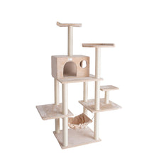 68-Inch Real Wood Cat Tree In Beige With Five Levels, Hammock, Condo