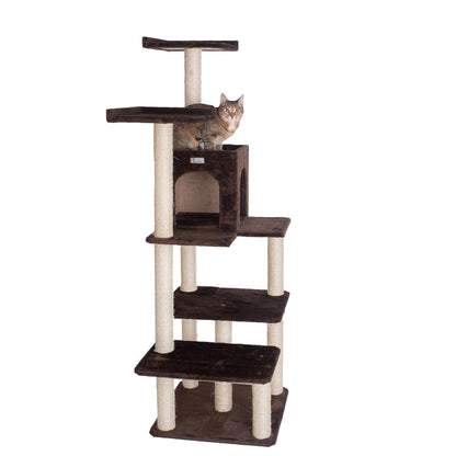 66-Inch Real Wood Cat Tree In Coffee Brown With Four Levels, Two Perches, Condo