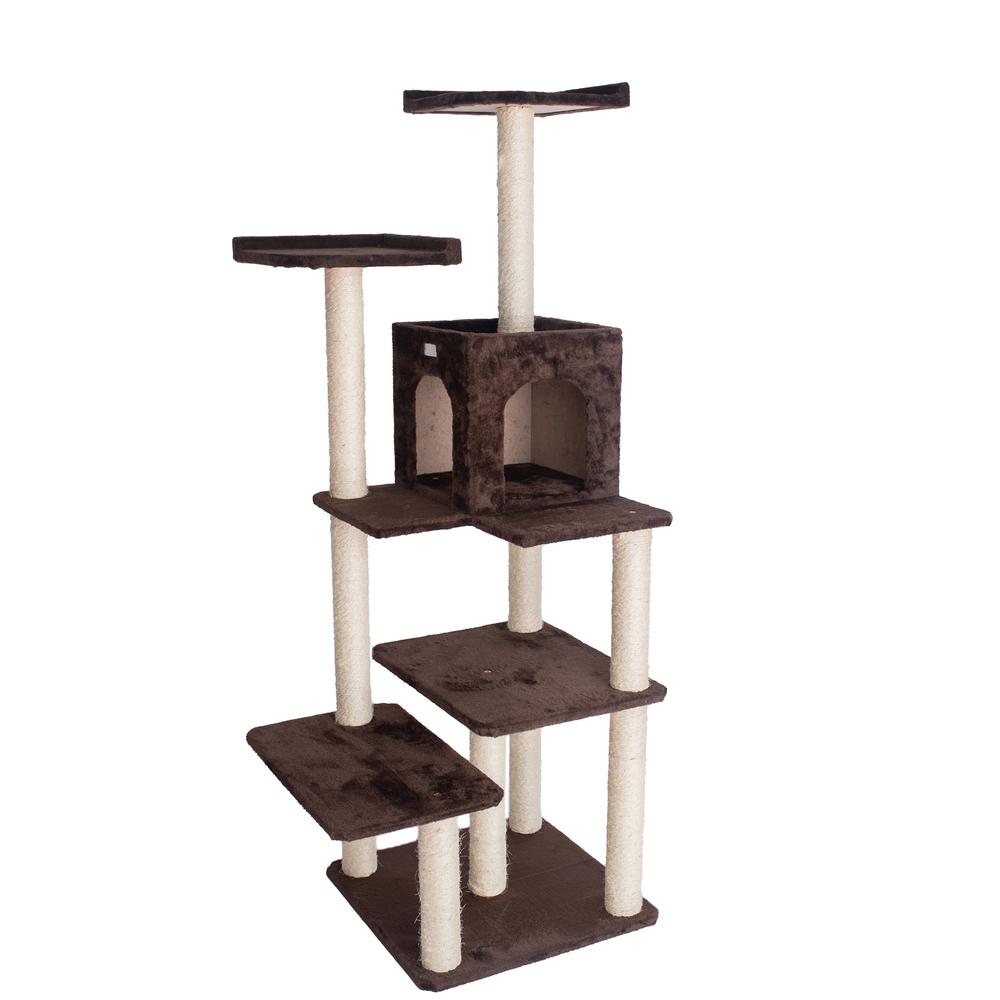 66-Inch Real Wood Cat Tree In Coffee Brown With Four Levels, Two Perches, Condo