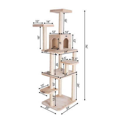 74-Inch Real Wood Cat Tree With Seven Levels, Beige
