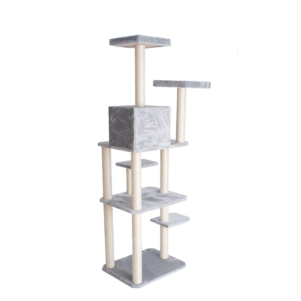 74-Inch Real Wood Cat Tree With Seven Levels, Silver Gray
