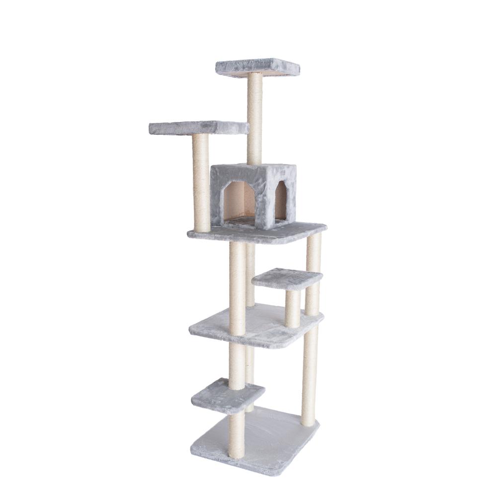 74-Inch Real Wood Cat Tree With Seven Levels, Silver Gray