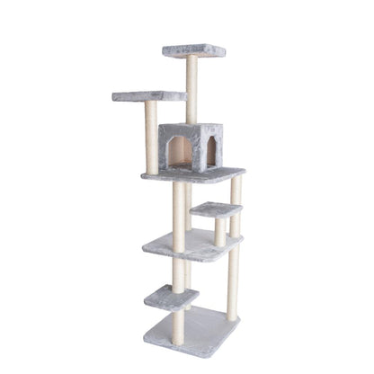 74-Inch Real Wood Cat Tree With Seven Levels, Silver Gray