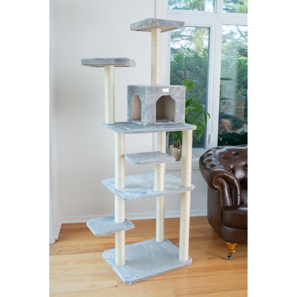 74-Inch Real Wood Cat Tree With Seven Levels, Silver Gray