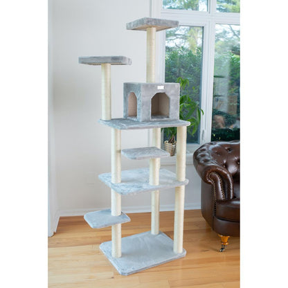74-Inch Real Wood Cat Tree With Seven Levels, Silver Gray