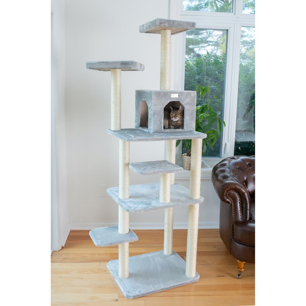 74-Inch Real Wood Cat Tree With Seven Levels, Silver Gray