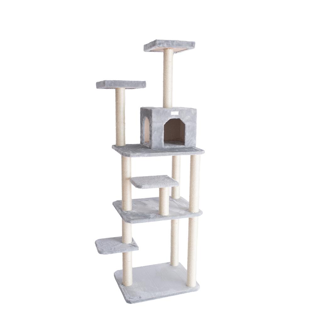 74-Inch Real Wood Cat Tree With Seven Levels, Silver Gray