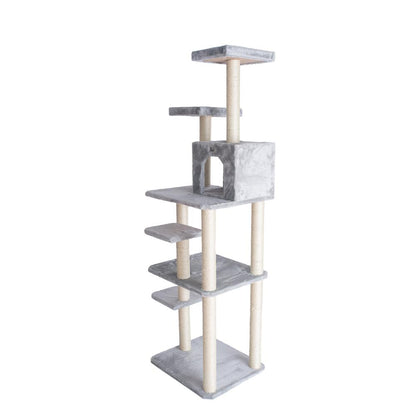74-Inch Real Wood Cat Tree With Seven Levels, Silver Gray