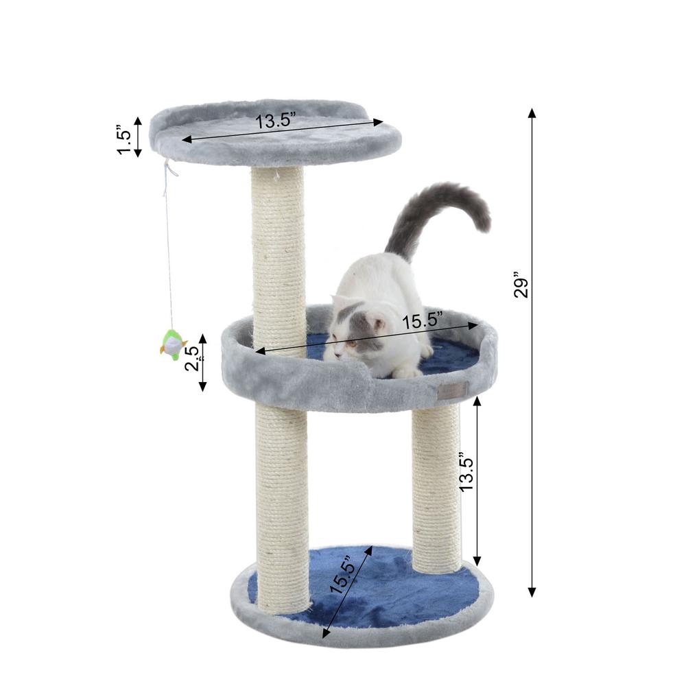 Three-Level Real Wood Compact Scratcher, Gray W Plush Perch