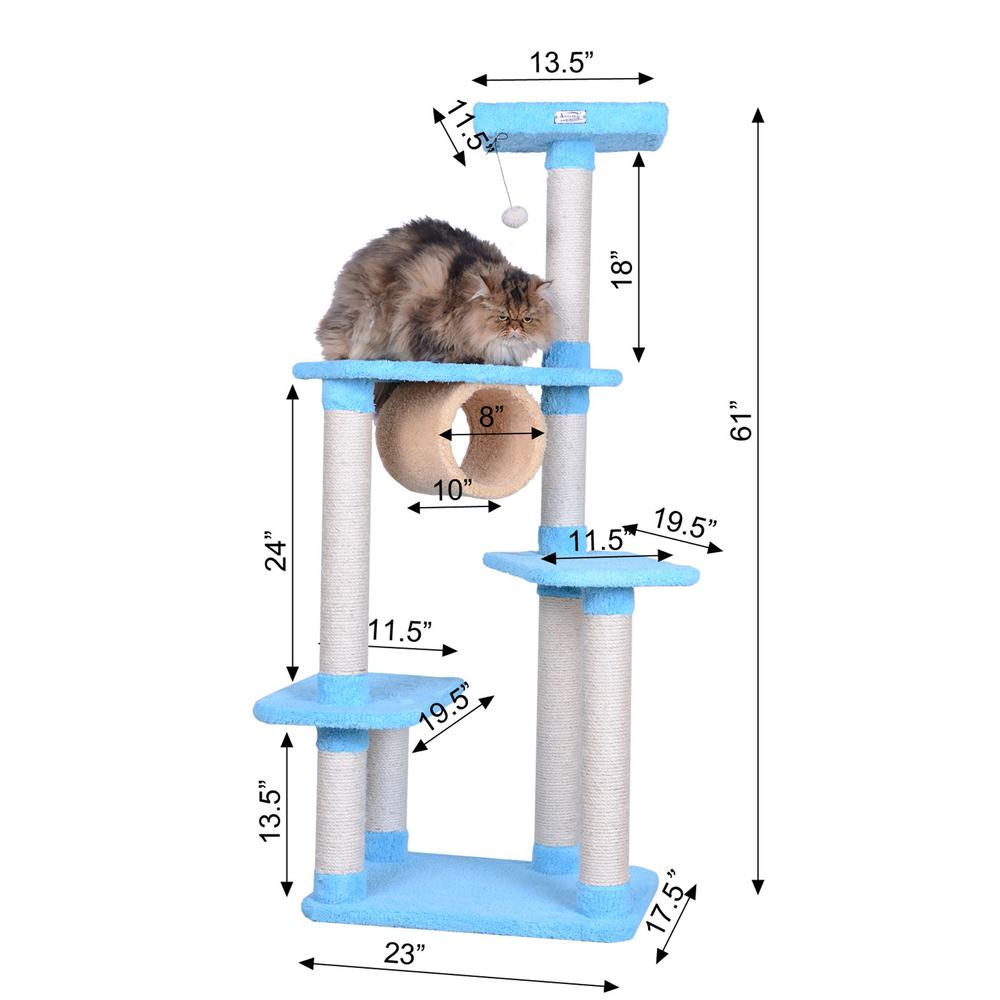 Real Wood Cat Climber, Cat Junggle Tree With Platforms,Skyblue