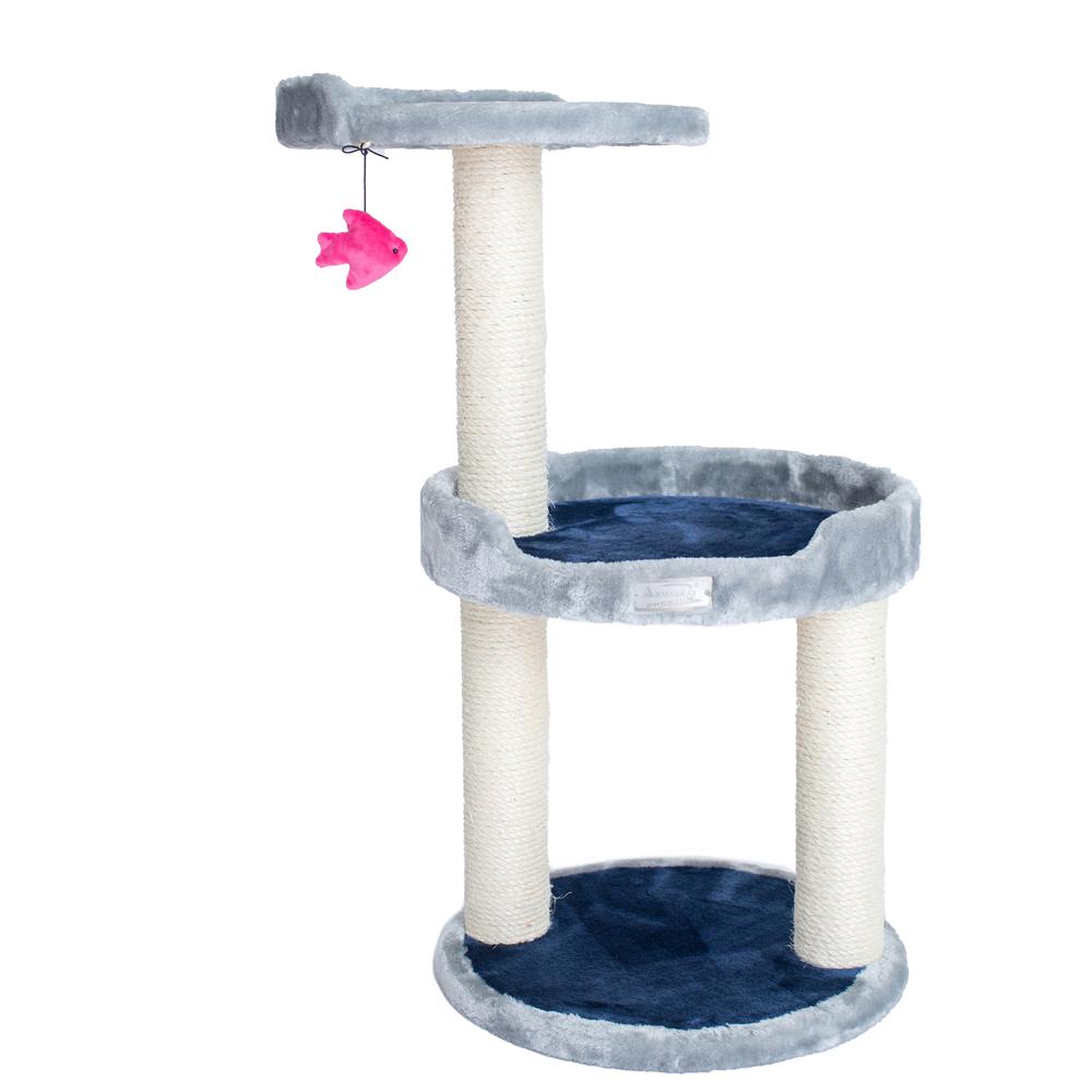 Three-Level Real Wood Compact Scratcher, Gray W Plush Perch