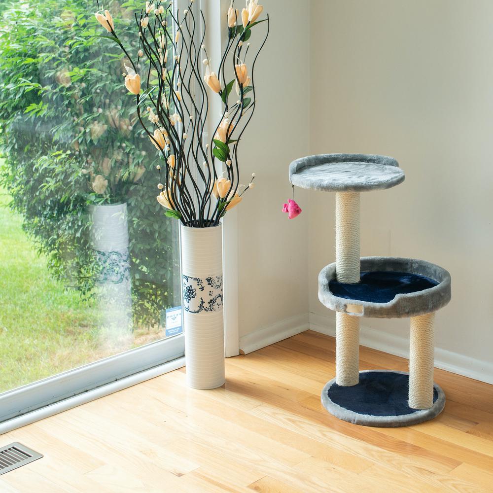 Three-Level Real Wood Compact Scratcher, Gray W Plush Perch
