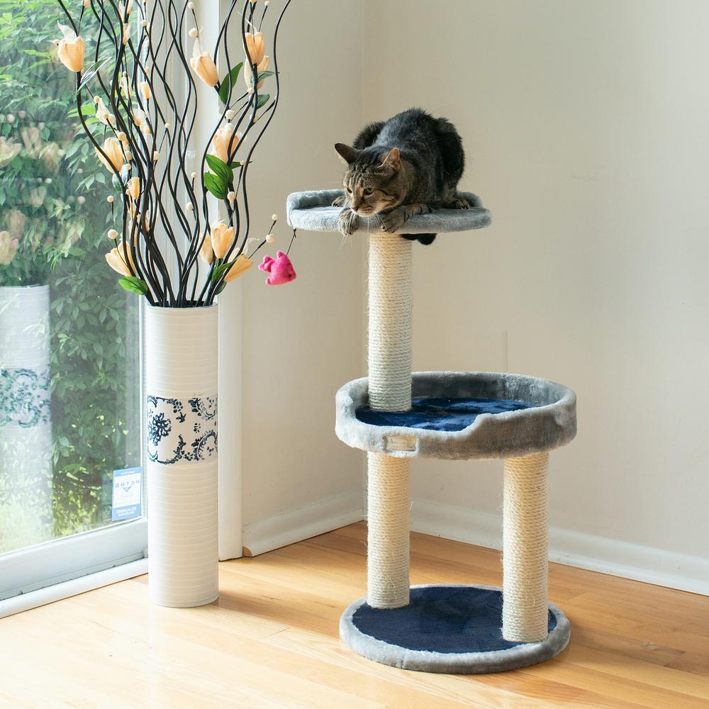 Three-Level Real Wood Compact Scratcher, Gray W Plush Perch